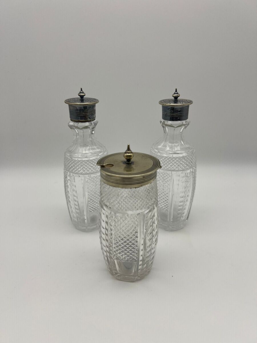3-delig kristallen tafelstel met metalen monturen, ca. 1900-1930 