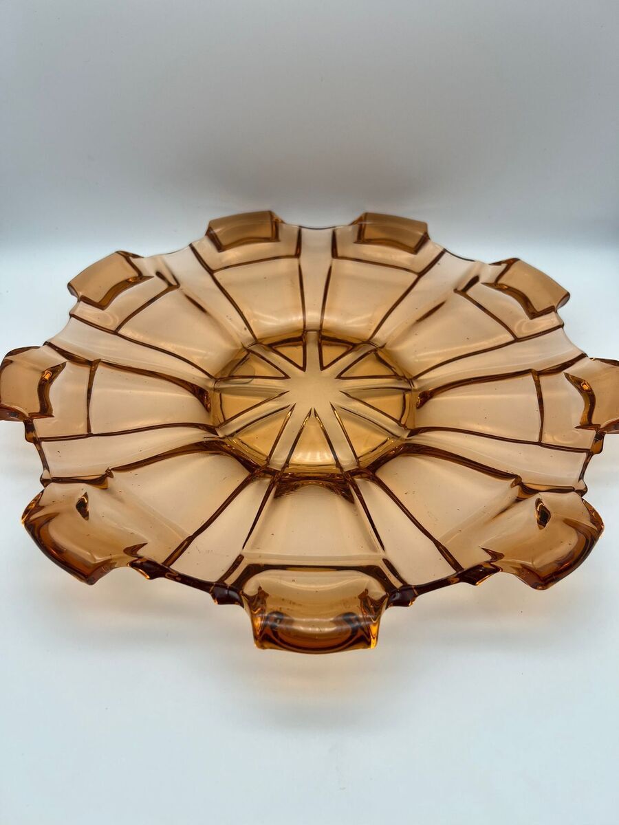 Groot Art Deco amberkleurige persglazenschaal - doorsnee ca. 33 cm - ca. 1930