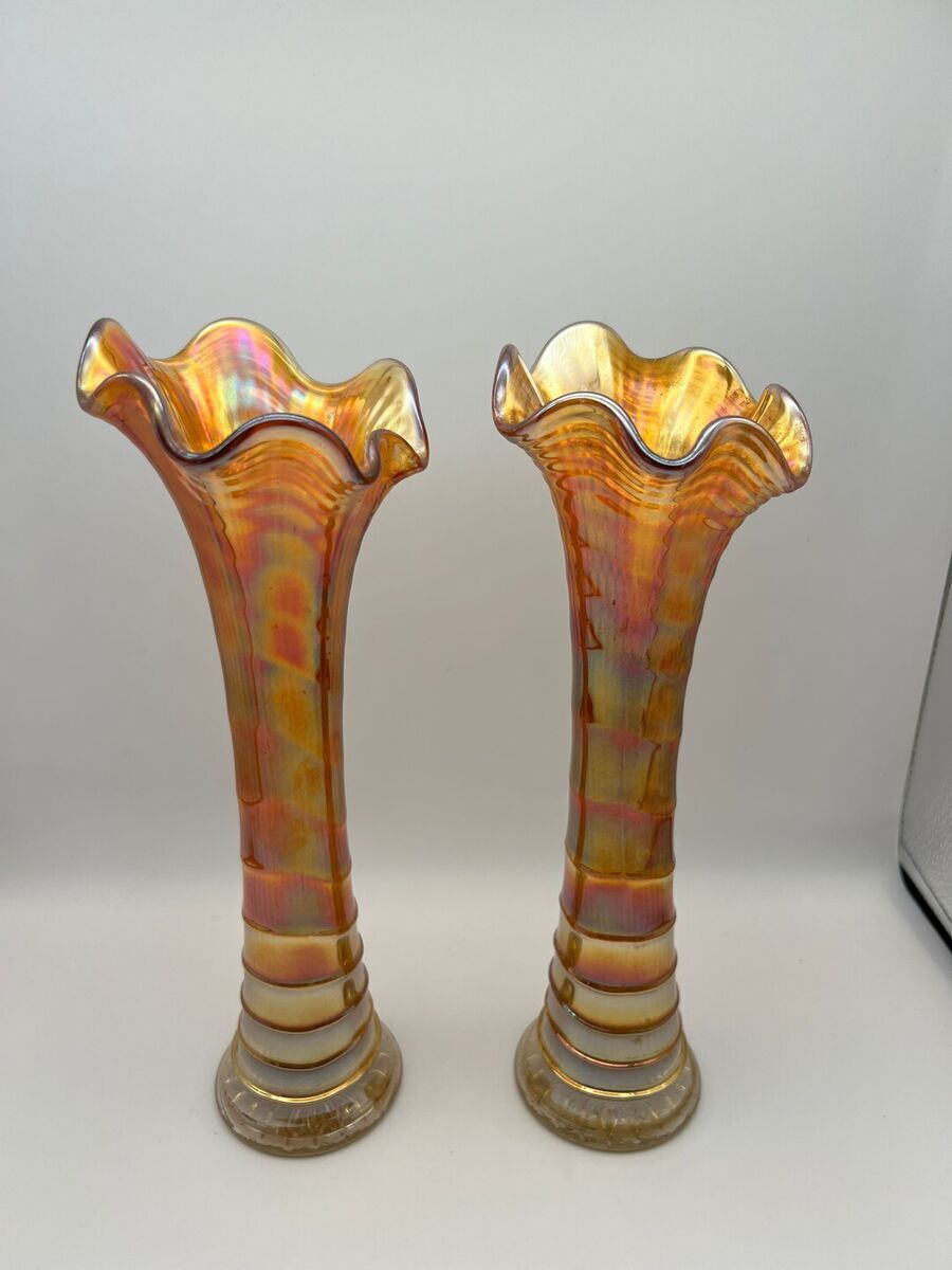 Paar antieke iriserende art glass vazen - Carnival Glass - goud/amber - ca. 1905-1925