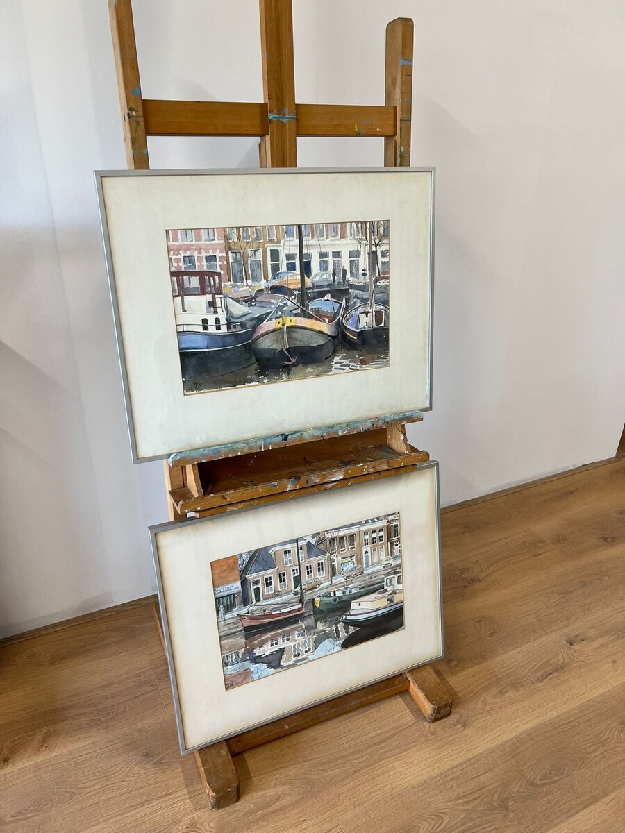 Set van 2 aquarellen - Groningse stadstaferelen met schepen - gesigneerd FJ, 1988