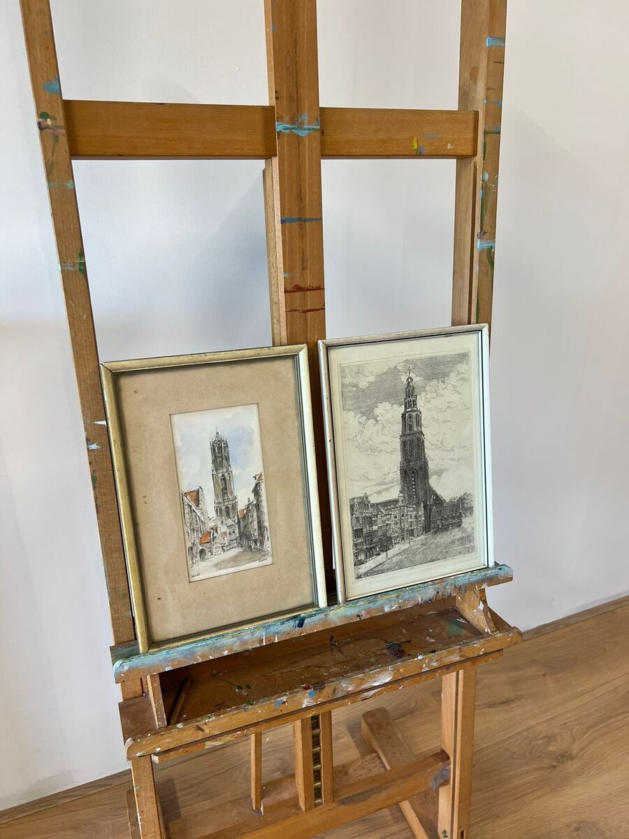 ets en aquarel Set van een Groningse stadsgezicht - Martinitoren - en de Domtoren