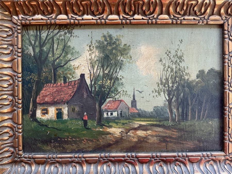Antiek Hollands landschap met boerderijen – olieverf op paneel