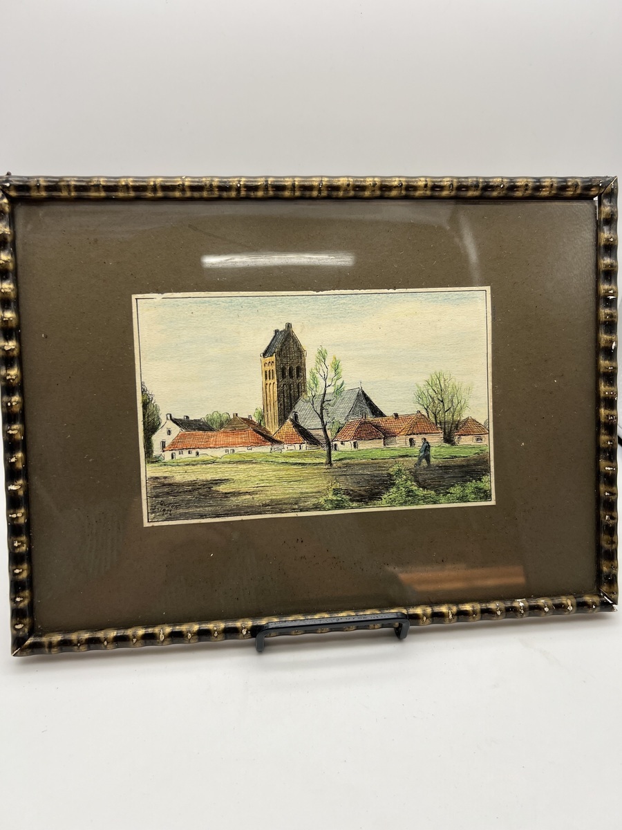 Ingekleurde gravure ''Dorpje in Friesland''