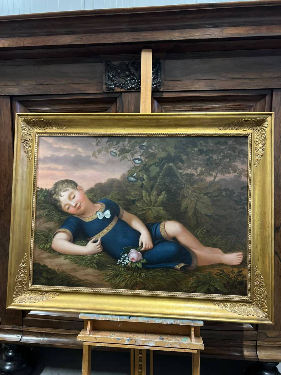 Slapend kind in de natuur met vlinders en bloemen (Philipp Otto Runge?)