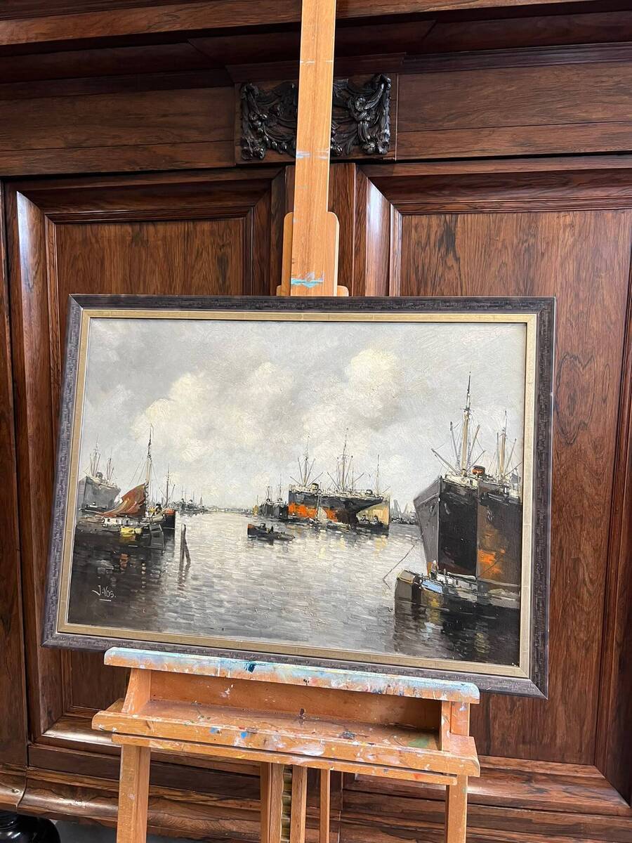 Olieverfschilderij - Havengezicht met vrachtschepen - gesigneerd J.Vos 