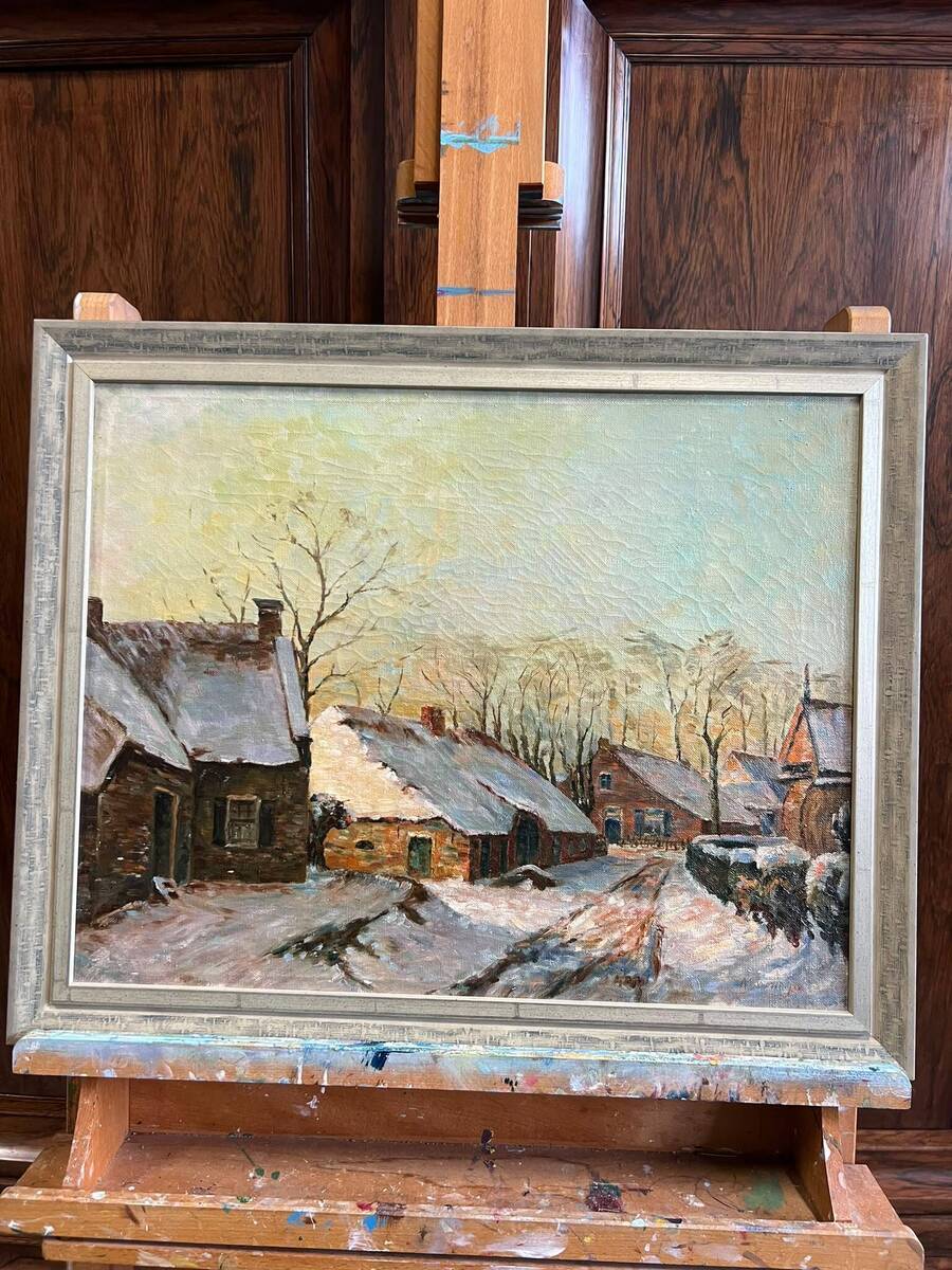Olieverfschilderij - Winters dorpslandschap met boerderijen.
