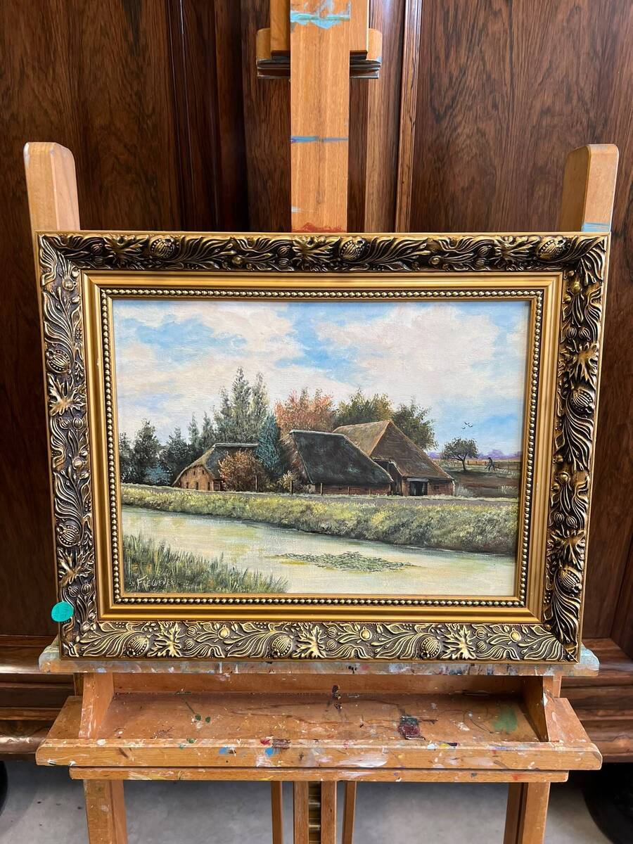 Klassiek schilderij (Boerderij aan het water, verm. Drenthe)