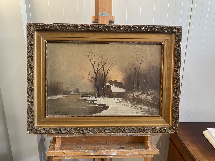 Winterlandschap met boerderij en molen - gesigneerd schilderij 