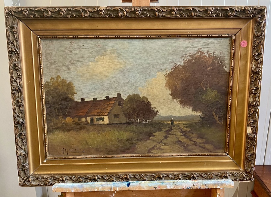 Hollands landschap met boerderij - gesigneerde olieverfschilderij.