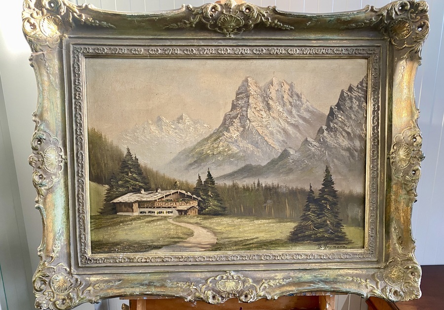 Alpenlandschap met berghut - gesigneerd schilderij.