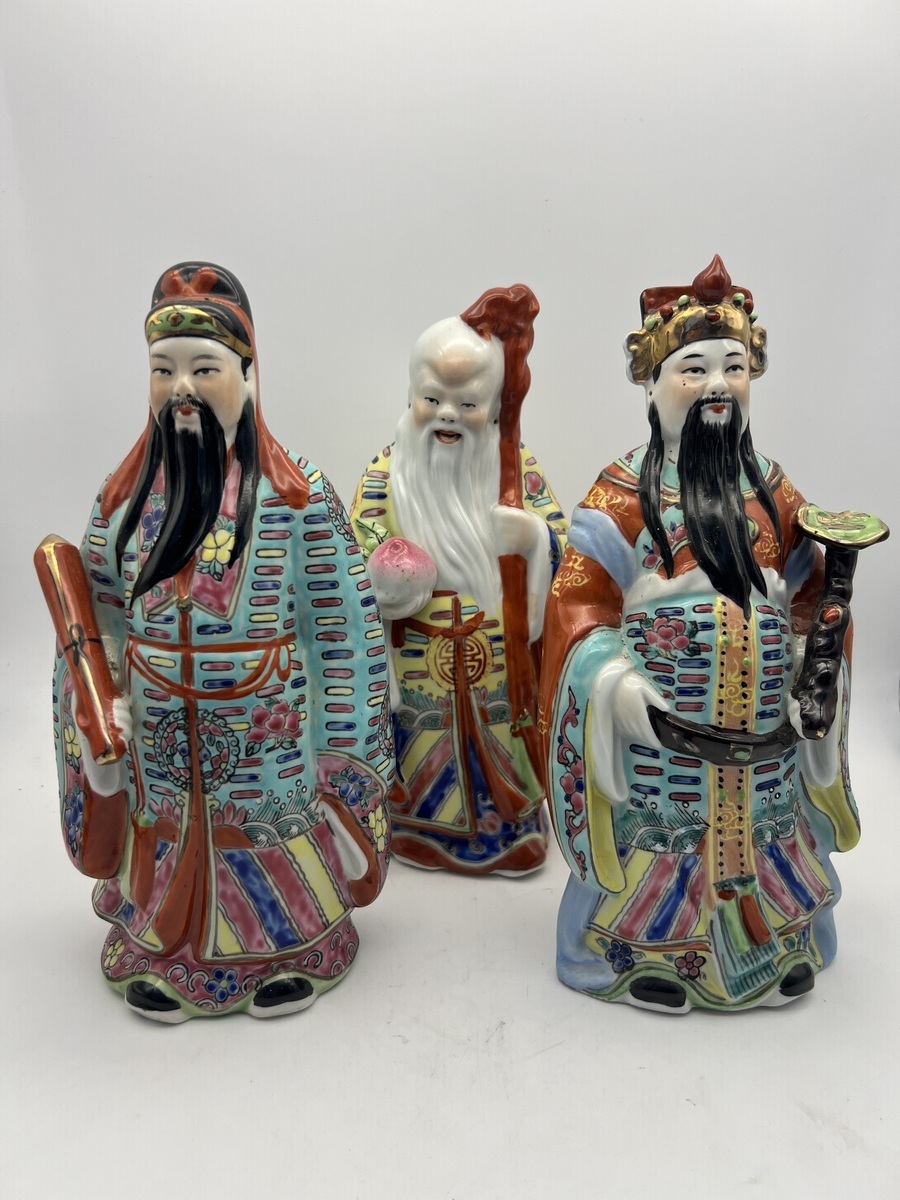 Chinese famille rose Sanxing – Fu, Lu en Shou, set van 3 beelden