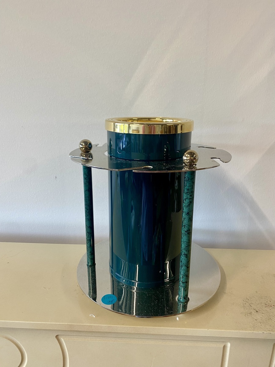 Vintage donkergroene champagnekoeler met houder voor 6 glazen – Space Age, ca. 1960–1970.