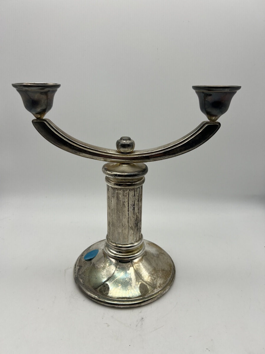 Antieke / vintage zilverkleurige dubbele kandelaar – 2-lichts 