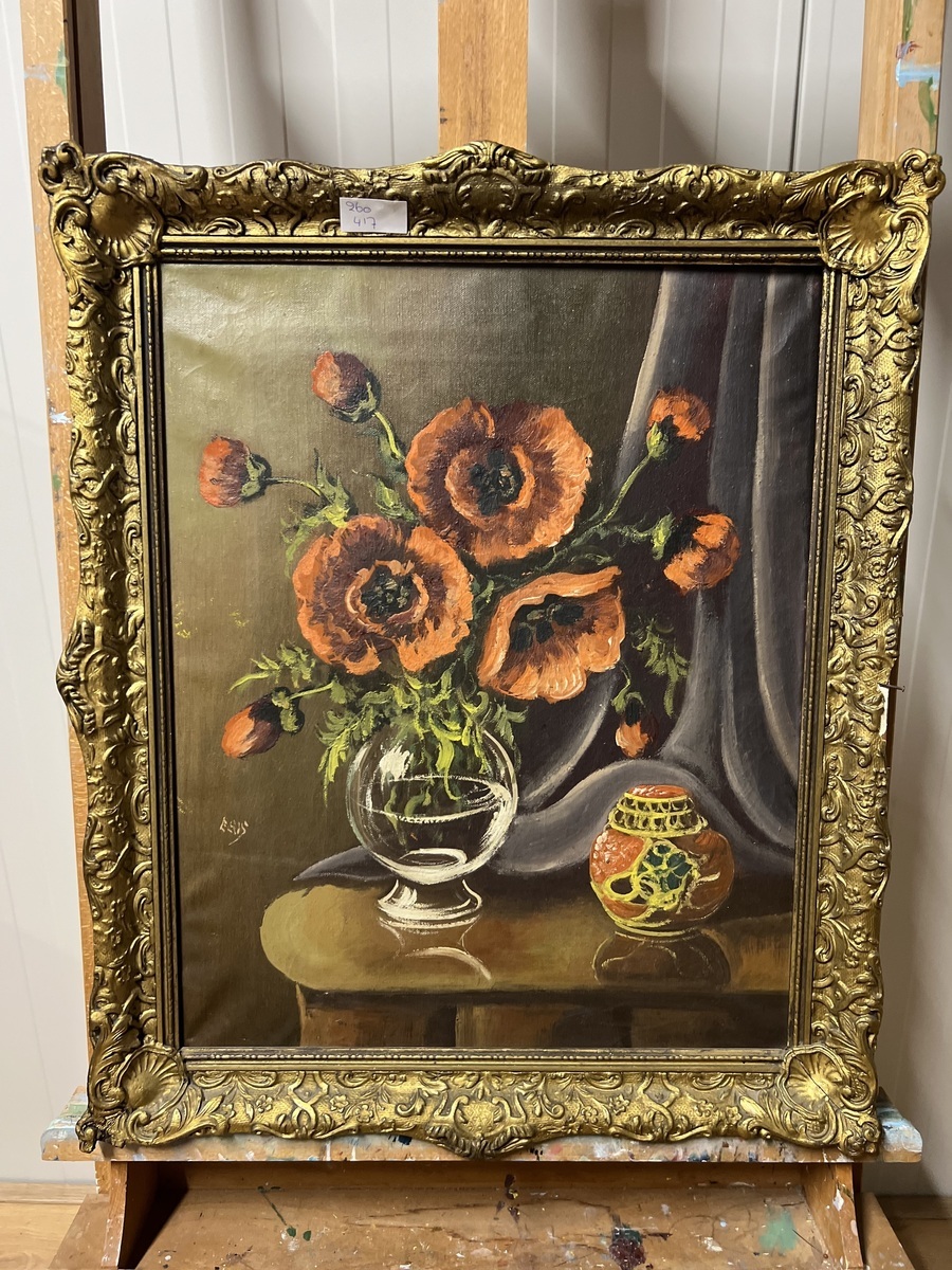 Olieverfschilderij – Stilleven met klaprozen in glazen vaas