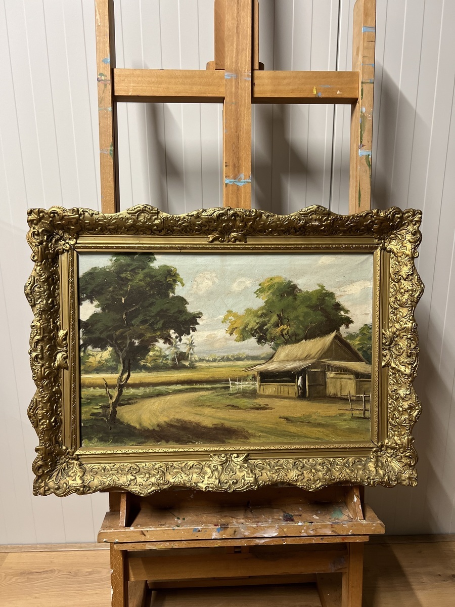 Schilderij Drentse hei met schapenstal