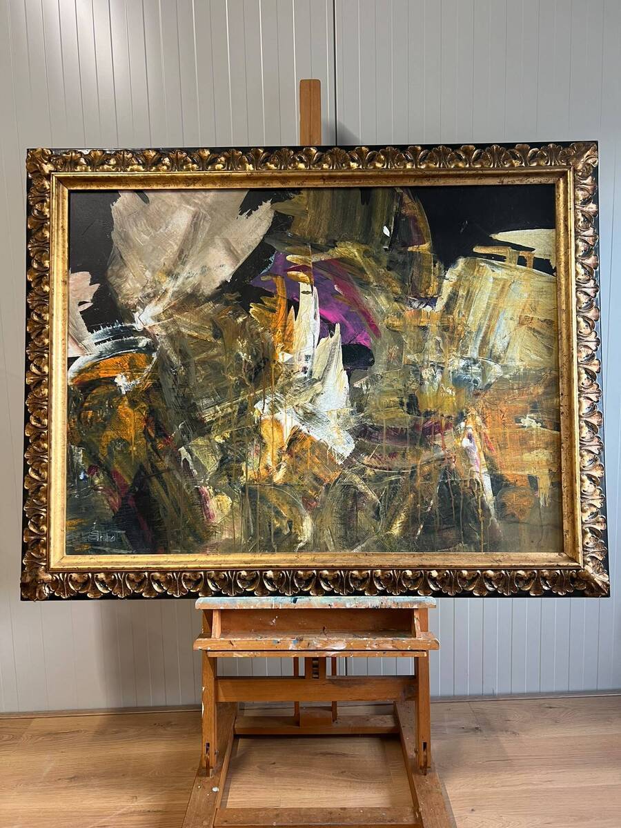 Krachtig Abstract Olieverfschilderij in geweldige goudkleurige Lijst