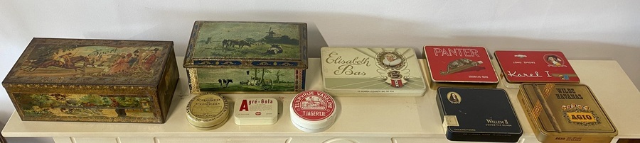 Verzameling vintage Nederlandse sigarenblikken – o.a. Elisabeth Bas, Willem II, Karel I, Panter en Agio
