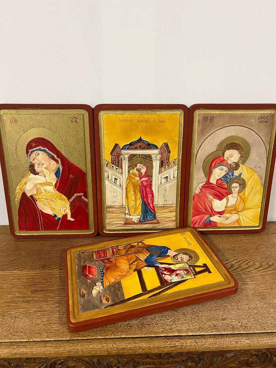  Set van 4 handgeschilderde orthodoxe iconen – Heilige Familie en scènes uit het leven van Maria