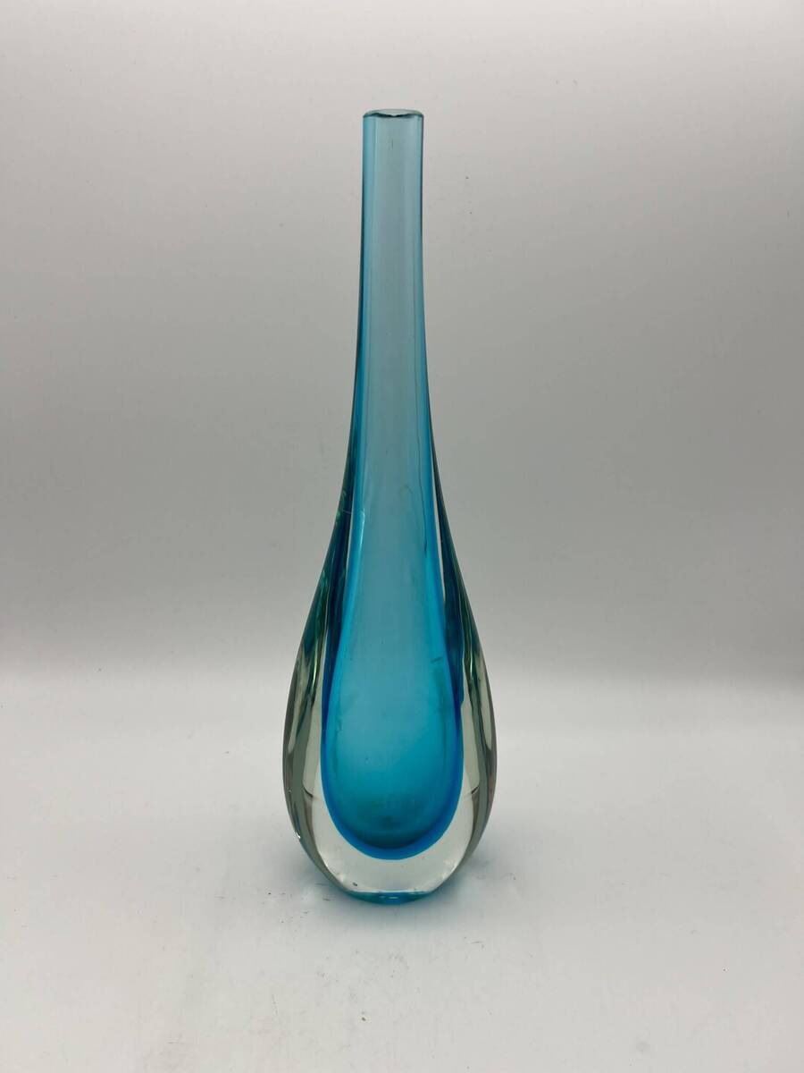 Murano Sommerso druppelvaas – blauw en helder glas, Italië, vintage.