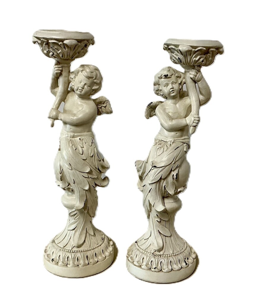 Antiek paar kandelaren met putti/engelen, 35 cm
