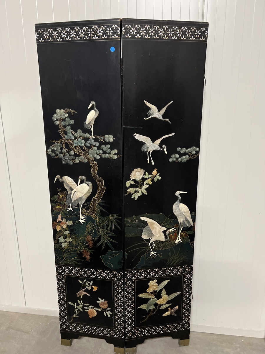 Vintage Chinees zwartgelakt kamerscherm 
