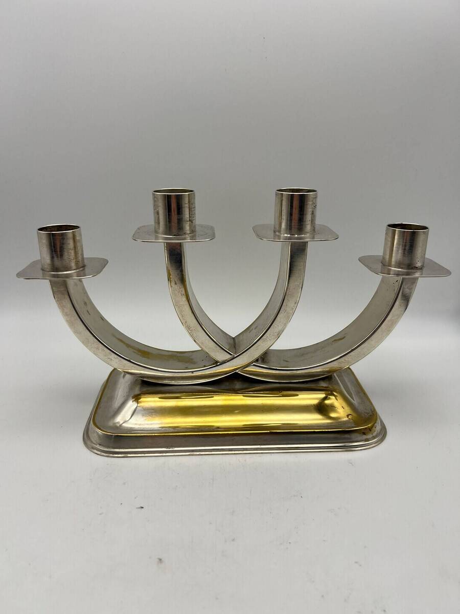 Verzilverde vierarmige Art Deco kandelaar – ca. jaren 1930/40.